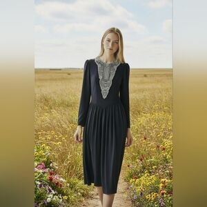 Vintage 80s Gunne Sax Jessica McClintock Black Long Sleeve Dress Sz S Prairie